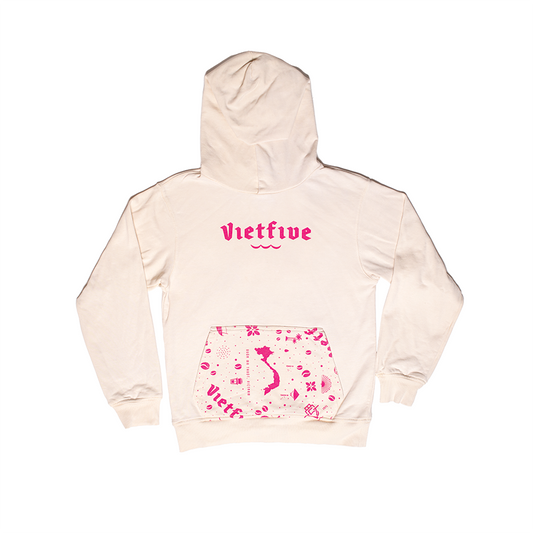 Beige hoodie with pink 'Vetfive' branding on a white background